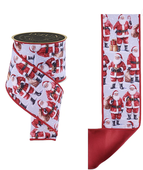 a pair of Christmas-themed ribbons. One ribbon is a large, red ribbon with a repeating pattern of Santa Claus figures, while the other ribbon is a smaller, red ribbon with a similar pattern of Santa Claus figures.