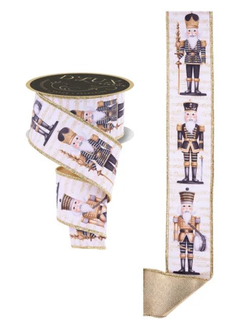 A gold and white ribbon with a nutcracker soldier design printed on it, along with a spool of the same ribbon.