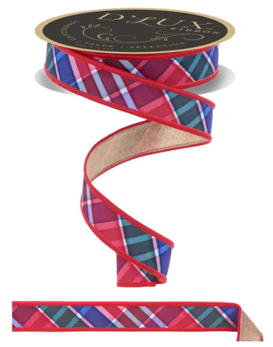 A decorative ribbon with a plaid pattern in red, blue, and green colors. The ribbon is attached to a spool and has a label that reads "D.LUX Ribbon".