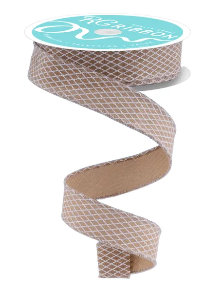 A spiral-shaped beige and white fabric ribbon with a turquoise label.