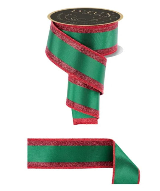a green and red ribbon with a metallic sheen, and it is displayed against a white background.