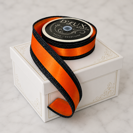 A roll of black and orange ribbon is placed on top of a white box with a gold border.