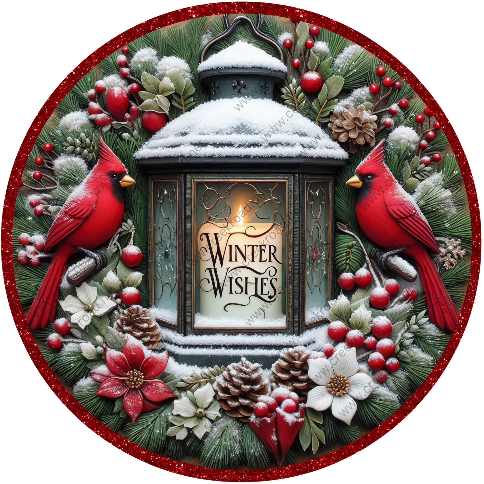 A decorative wreath with a lantern, two red birds, pine cones, berries, and snow, surrounded by the text "Winter Wishes".