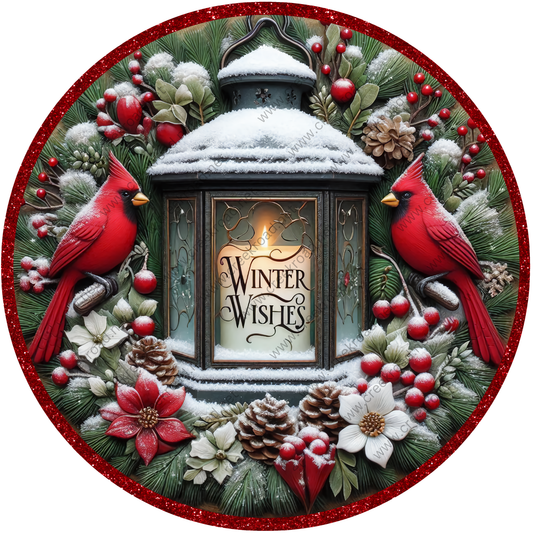 A decorative wreath with a lantern, two red birds, pine cones, berries, and snow, surrounded by the text "Winter Wishes".