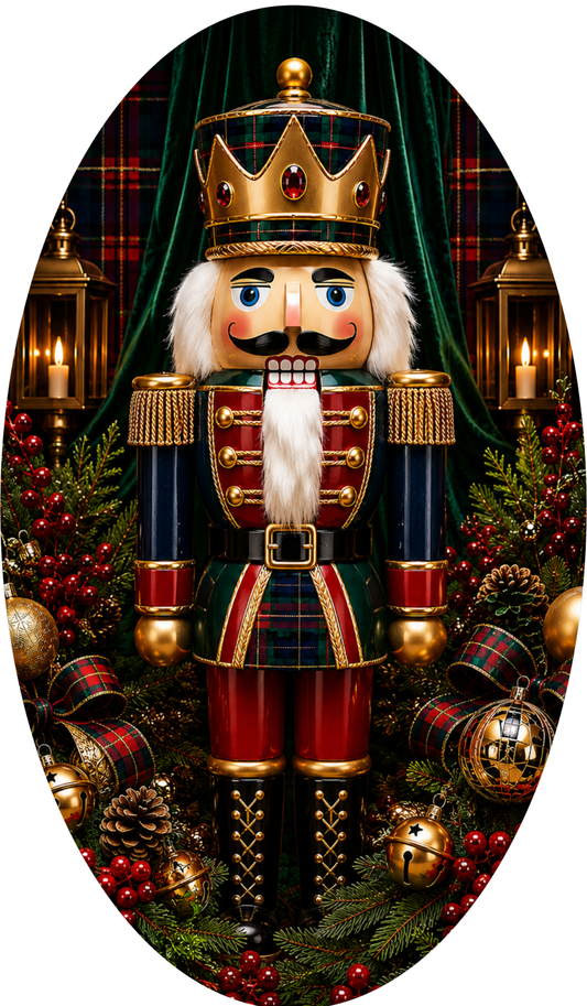 A nutcracker figure wearing a red and gold outfit, with a crown and a white beard, stands in a festive setting surrounded by holiday decorations such as pine cones, ornaments, and a wreath.