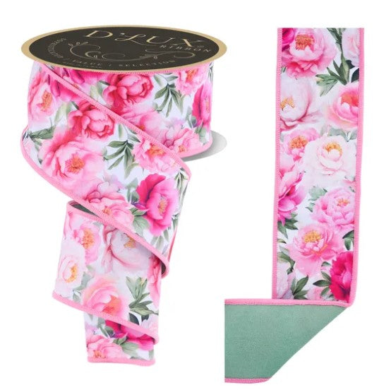 a floral patterned ribbon with pink and green flowers, and a spool of the same ribbon.