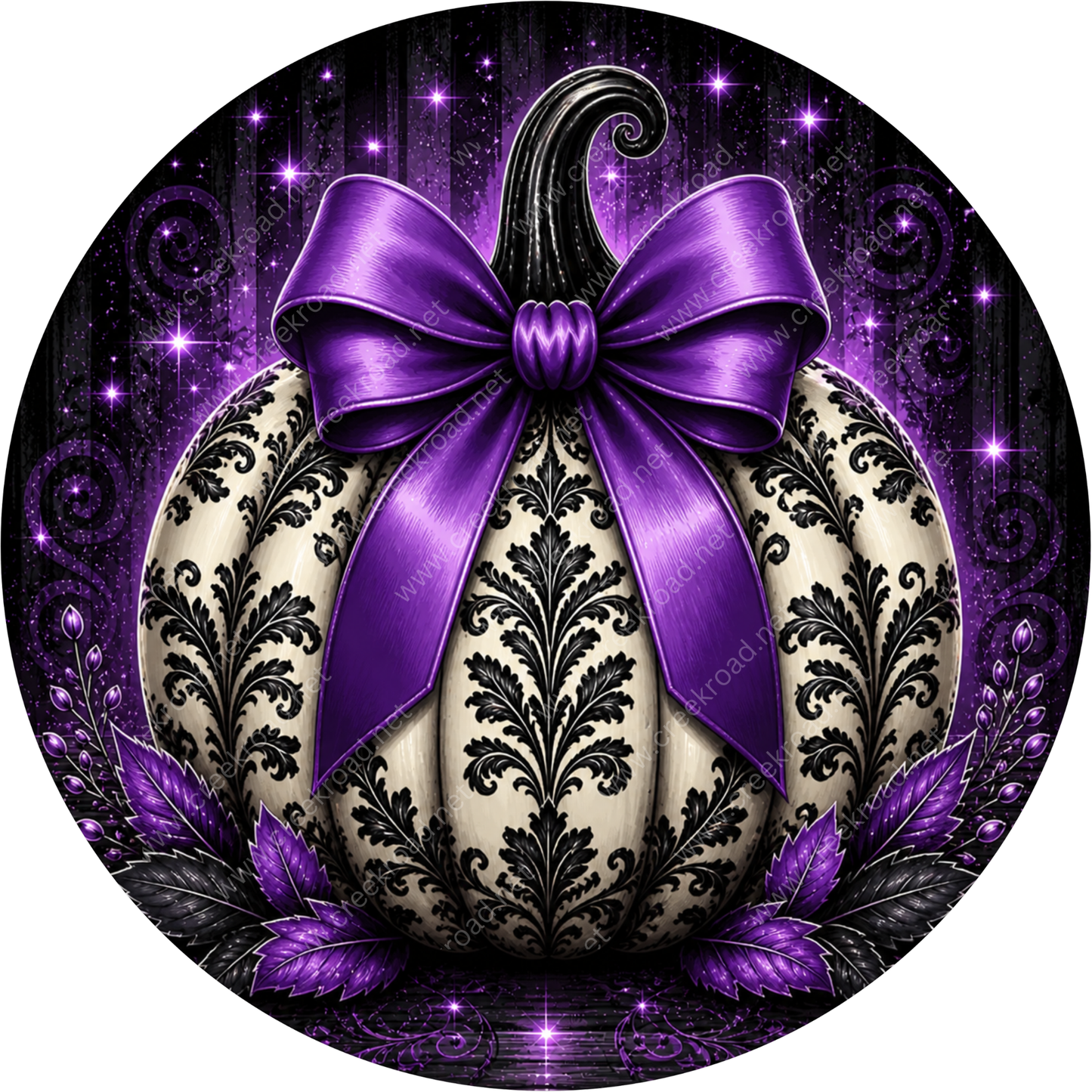 A decorative white pumpkin with a black and purple floral pattern, adorned with a purple ribbon bow, surrounded by purple leaves and twinkling purple lights.