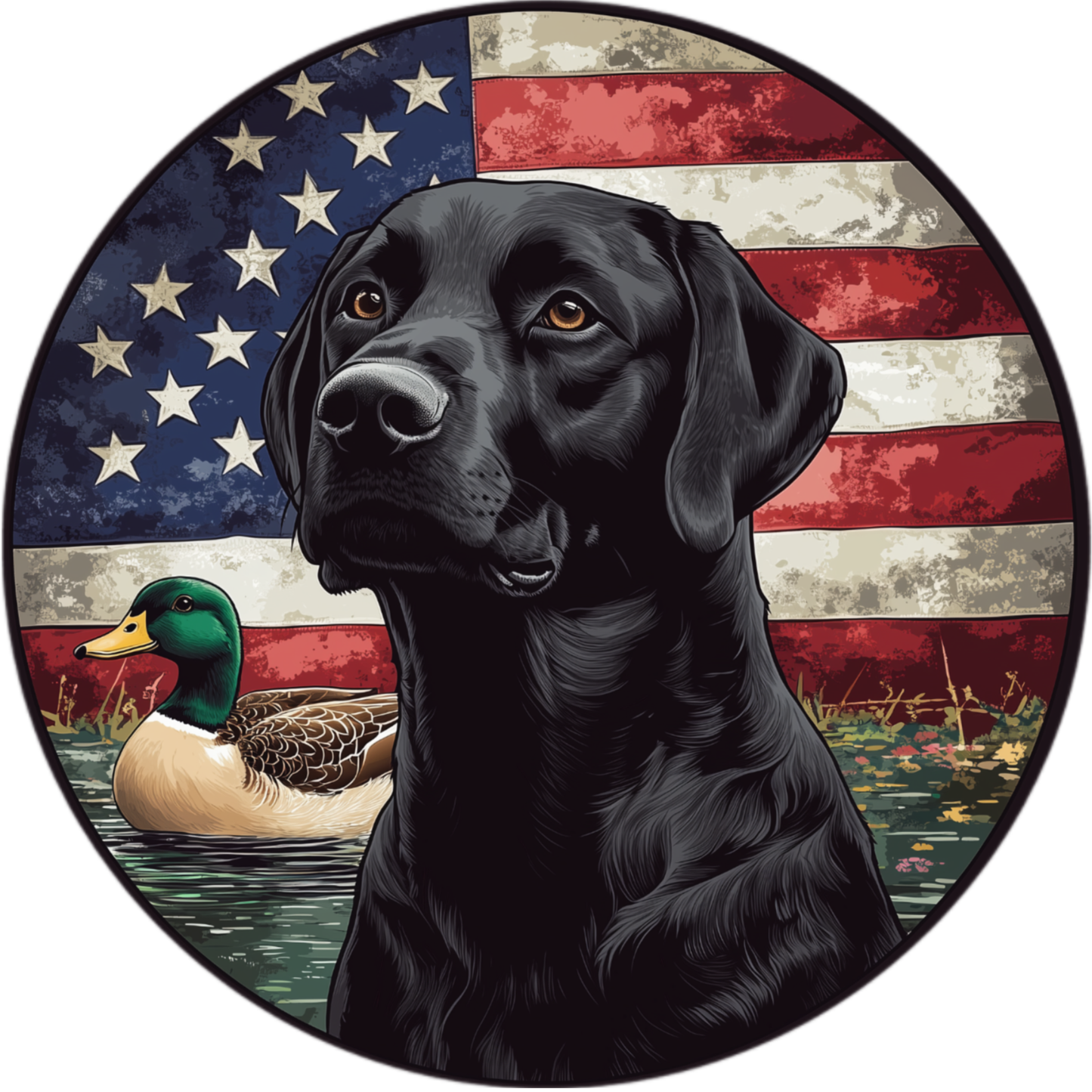 A black Labrador retriever dog is depicted in front of an American flag, with a duck floating in the water behind it.