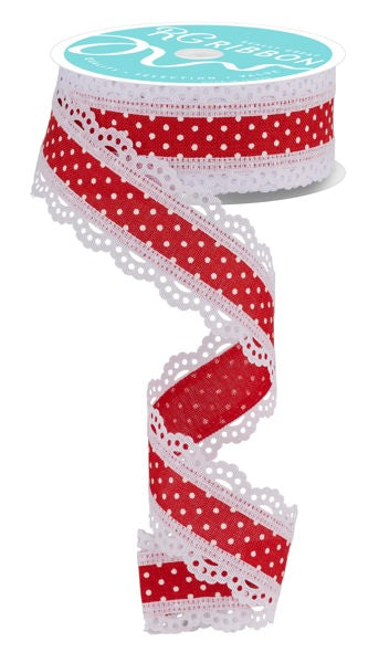 a red and white polka dot ribbon on a white background