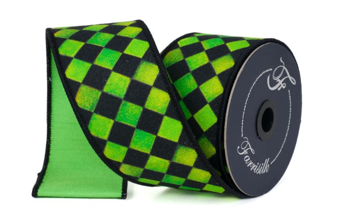 A roll of green and black checkered ribbon with a black and white logo on it.