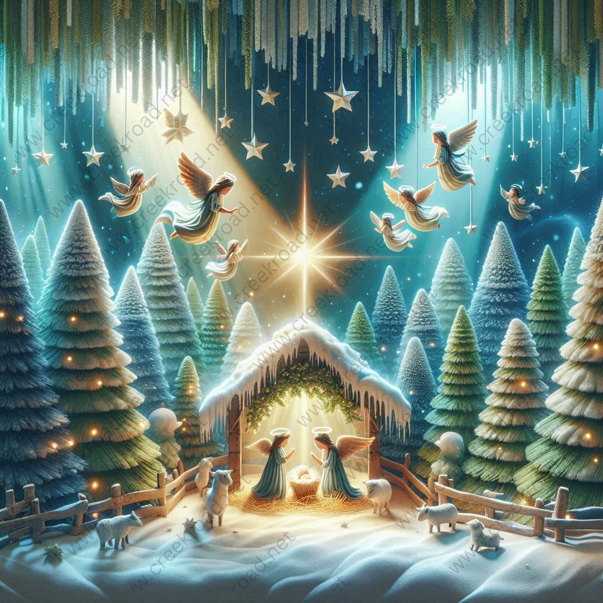 a christmas scene with a nativity scene and angels