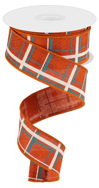 a roll of orange and white plaid ribbon