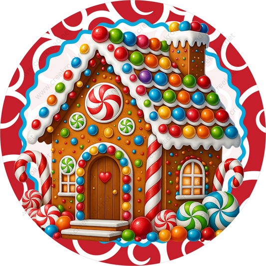 A colorful and whimsical illustration of a gingerbread house, adorned with candy and sweets, set against a red and white circular background.