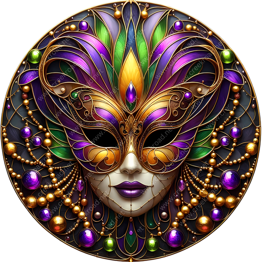 a detailed and ornate mask with intricate designs and patterns, including a combination of purple, green, gold, and black elements.