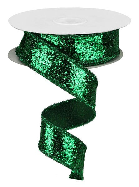 a roll of green sequinized ribbon on a white background