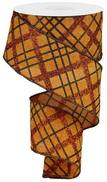 a roll of orange and brown plaid ribbon