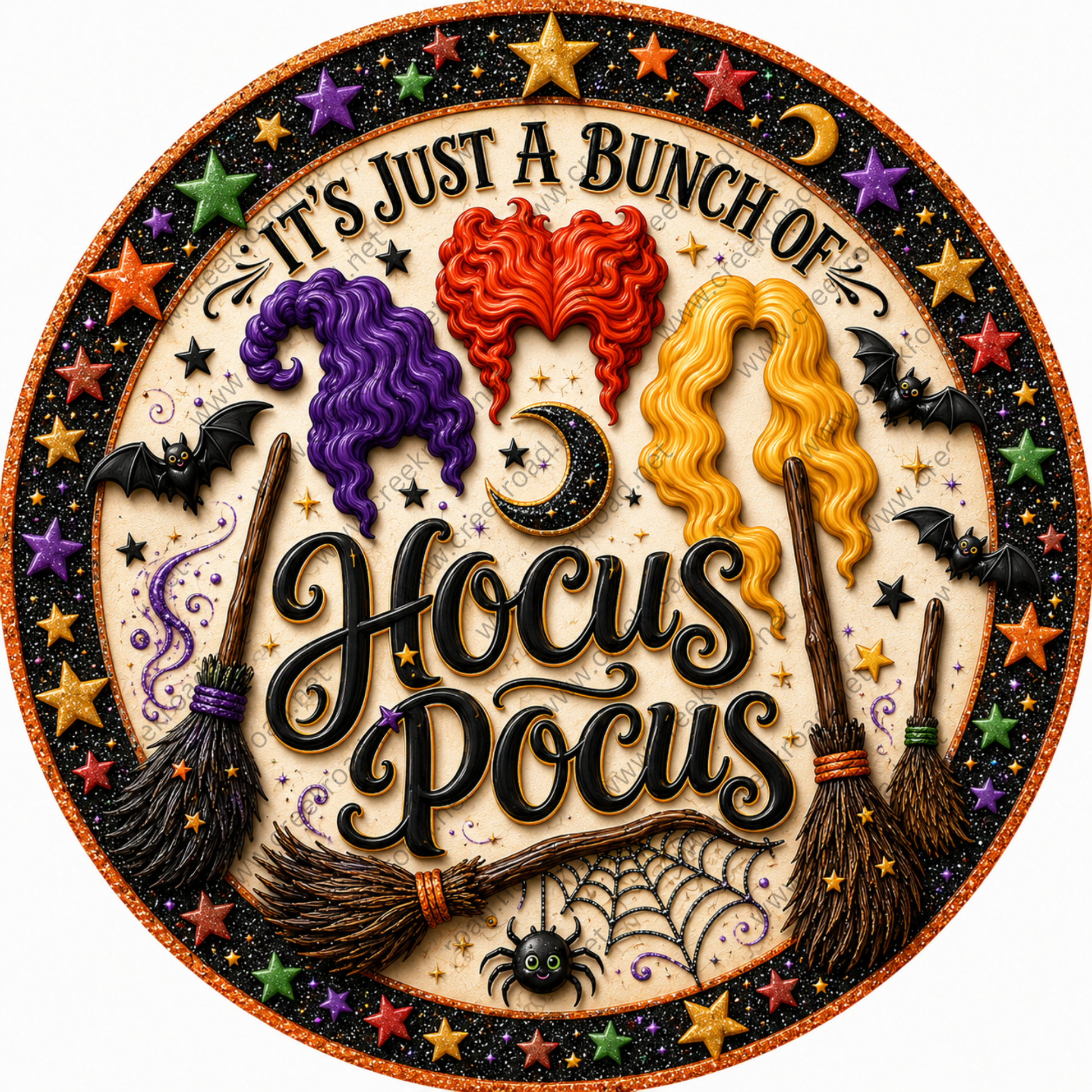 The image is a decorative circular design featuring various Halloween-themed elements, including a bat, a spider, a broom, and a hula girl's head. The text "It's just a bunch of Hocus Pocus" is prominently displayed in the center of the design.