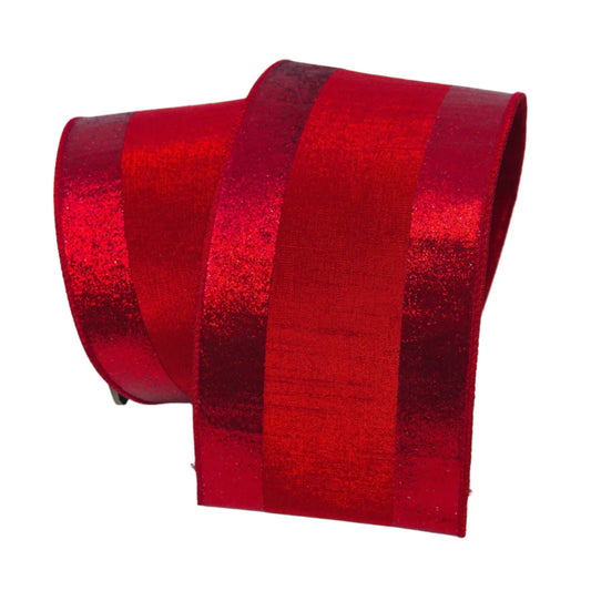 A shiny red ribbon with a metallic texture, featuring vertical stripes.