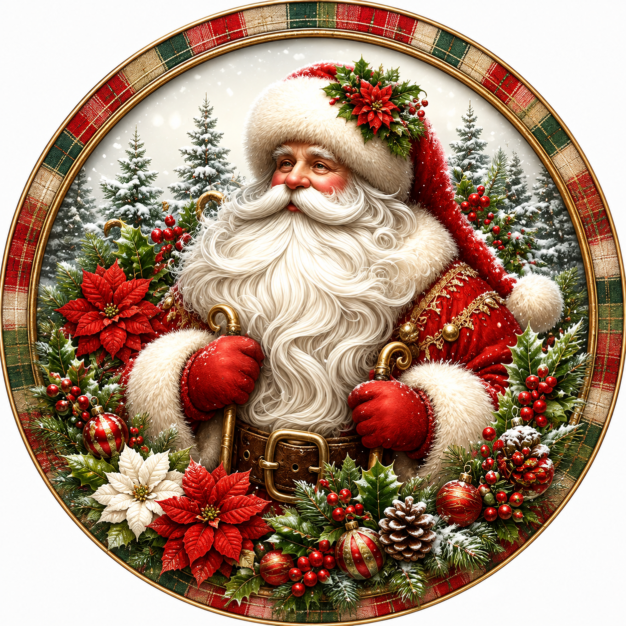 A detailed illustration of Santa Claus wearing a red suit and hat, surrounded by a wreath of red poinsettias, pine cones, and other Christmas decorations.