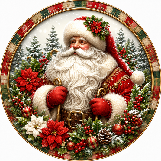 A detailed illustration of Santa Claus wearing a red suit and hat, surrounded by a wreath of red poinsettias, pine cones, and other Christmas decorations.