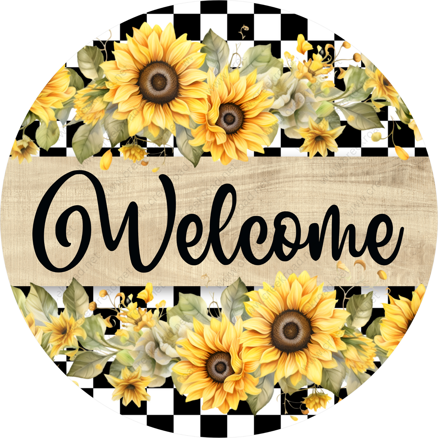a welcome sign with sunflowers on a checkered background