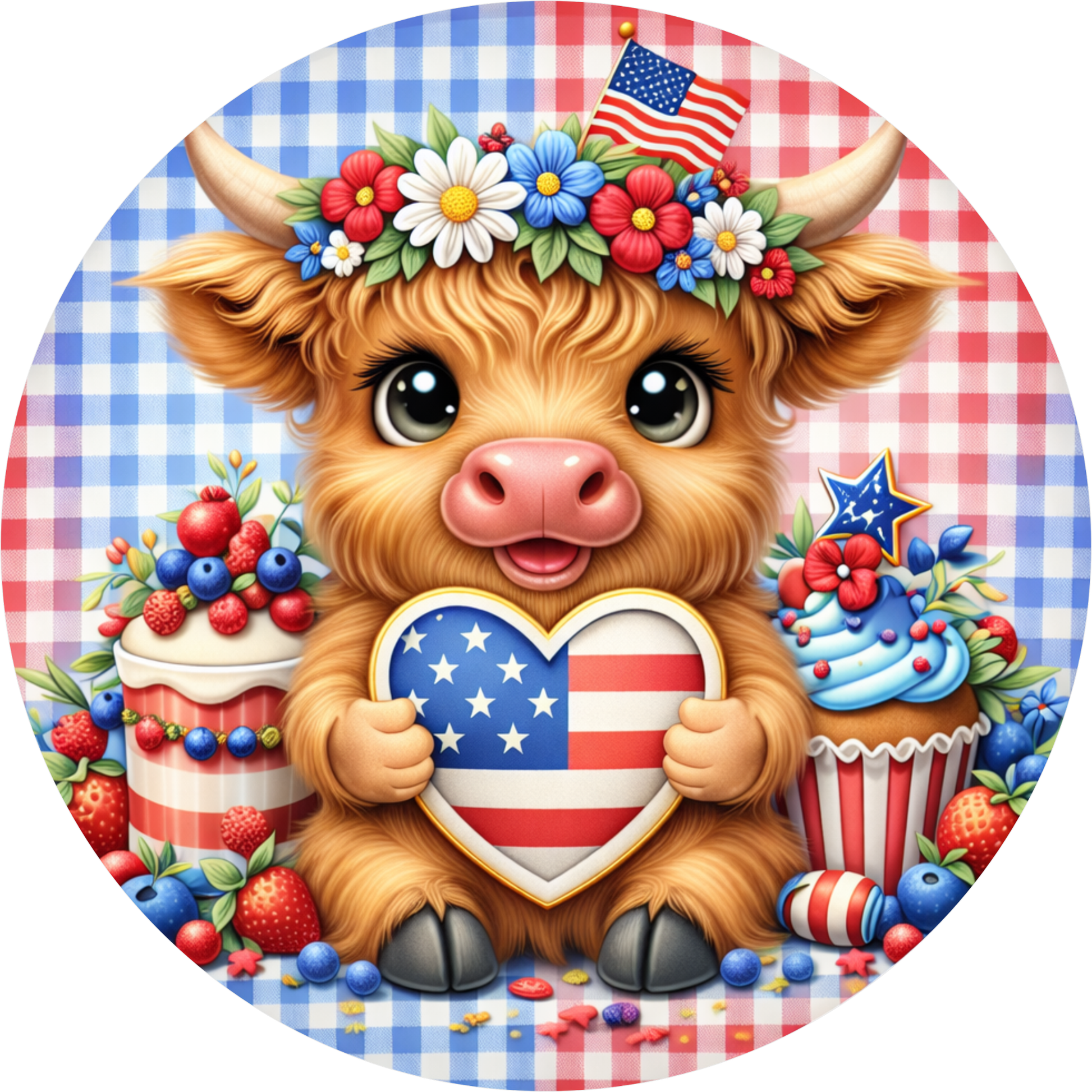 A cute, cartoon-like cow holding a heart-shaped American flag, surrounded by various patriotic symbols and decorations, including a flag, flowers, and a cupcake.