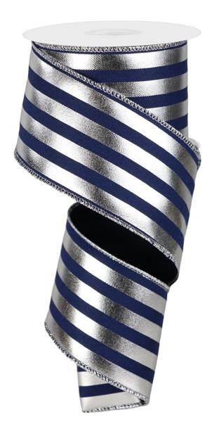 A silver and blue striped ribbon is shown, with the silver stripes appearing to be metallic and the blue stripes being a solid color.