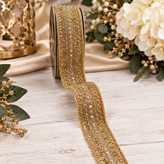 A gold-colored decorative ribbon with a metallic, woven pattern is displayed on a wooden surface, surrounded by white flowers and greenery.