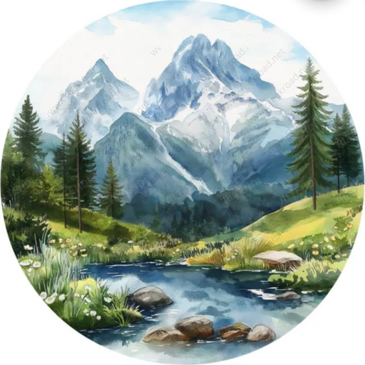 A watercolor painting depicting a serene mountain landscape with a stream, pine trees, and snow-capped peaks in the background.