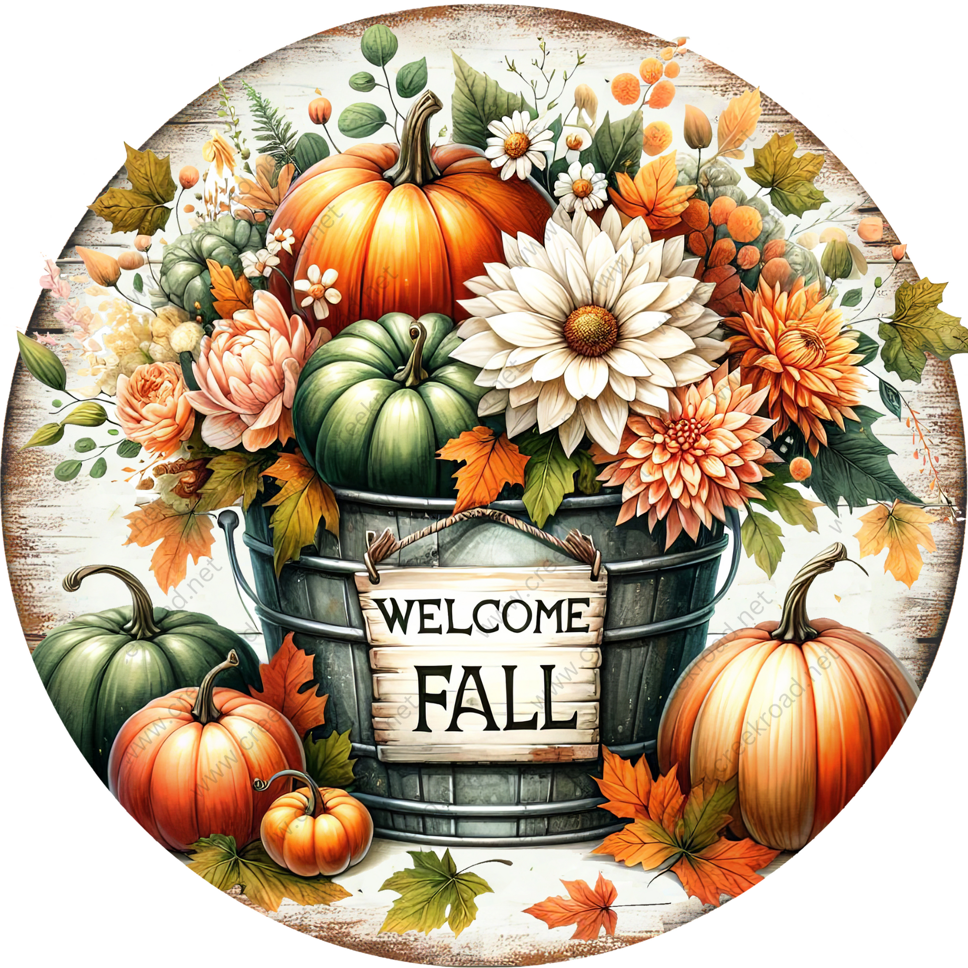 a painting of a bucket full of flowers and pumpkins