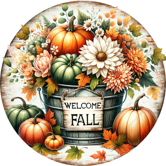a painting of a bucket full of flowers and pumpkins