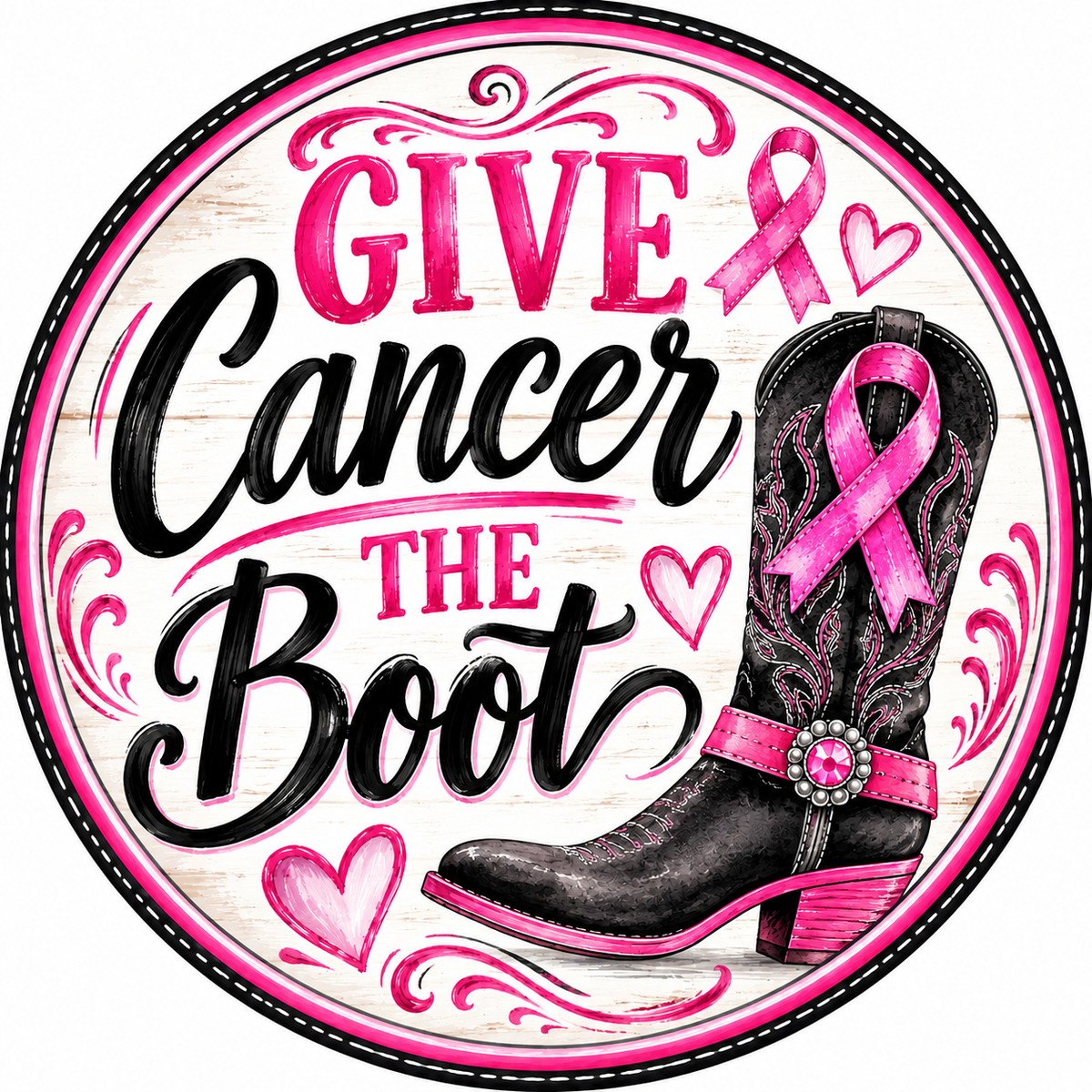 Give Cancer the Boot Cancer Awareness Pink White Checker Border Wreath Sign-Sublimation-October-Fight-Special Cause