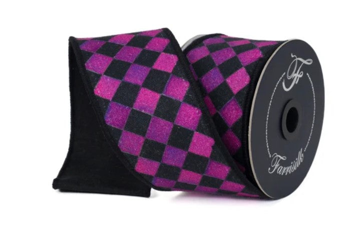 A spool of ribbon with a checkered pattern in shades of pink and black.