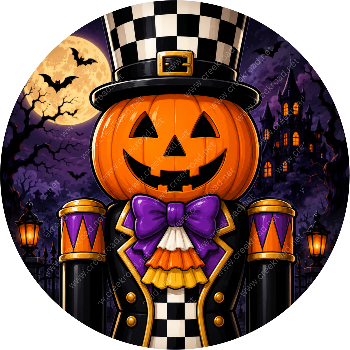 A Halloween-themed illustration featuring a jack-o-lantern wearing a top hat and bow tie, with a castle in the background and bats flying in the sky.