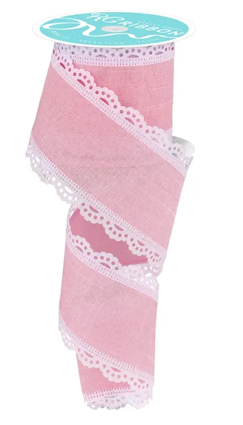 A pink fabric ribbon with white lace trim, which appears to be a decorative item.