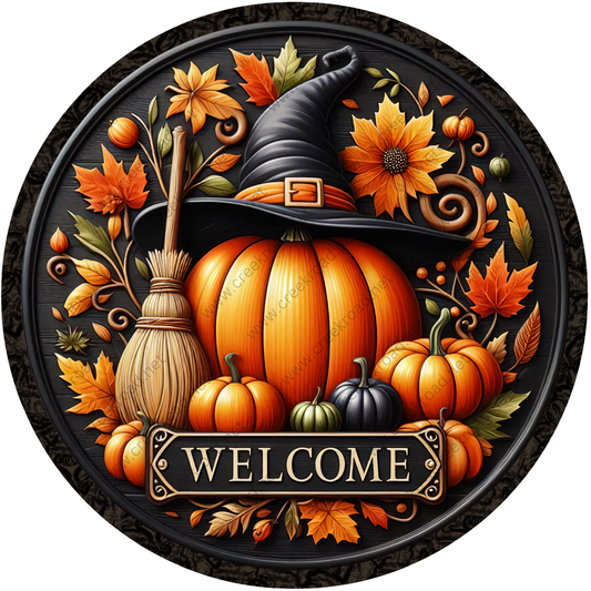 A decorative round sign featuring a witch's hat, pumpkins, a broom, and autumn leaves, with the word "WELCOME" prominently displayed.