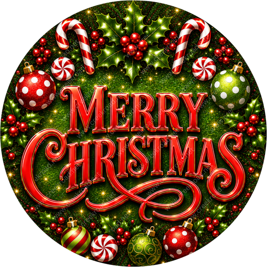 A festive Christmas wreath with various holiday decorations, including candy canes, holly leaves, berries, and ornaments. The text "MERRY CHRISTMAS" is prominently displayed in the center of the wreath.