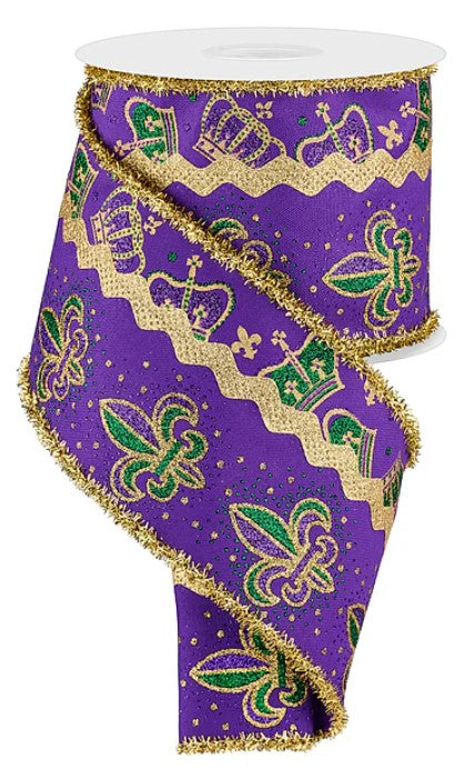 a purple ribbon with a decorative pattern of green and gold elements, including fleur-de-lis flowers and crowns.