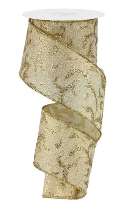 a gold-colored, patterned ribbon with a metallic, glittery texture.