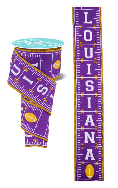 a purple ribbon with the word "LOUISIANA" printed on it, along with a football graphic and a measuring tape graphic.