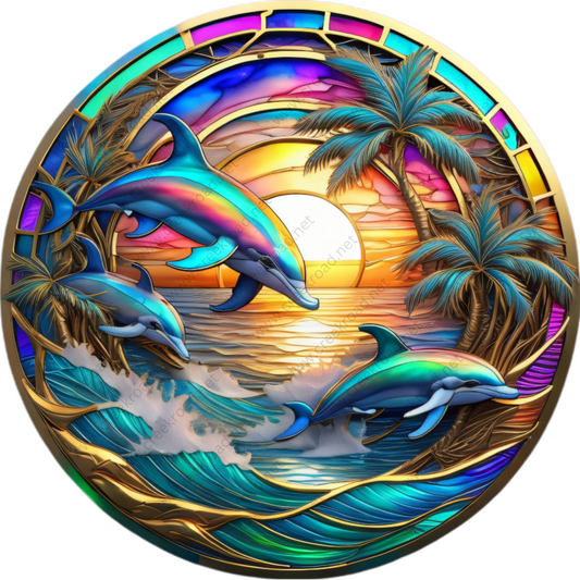 a painting of dolphins jumping out of the water