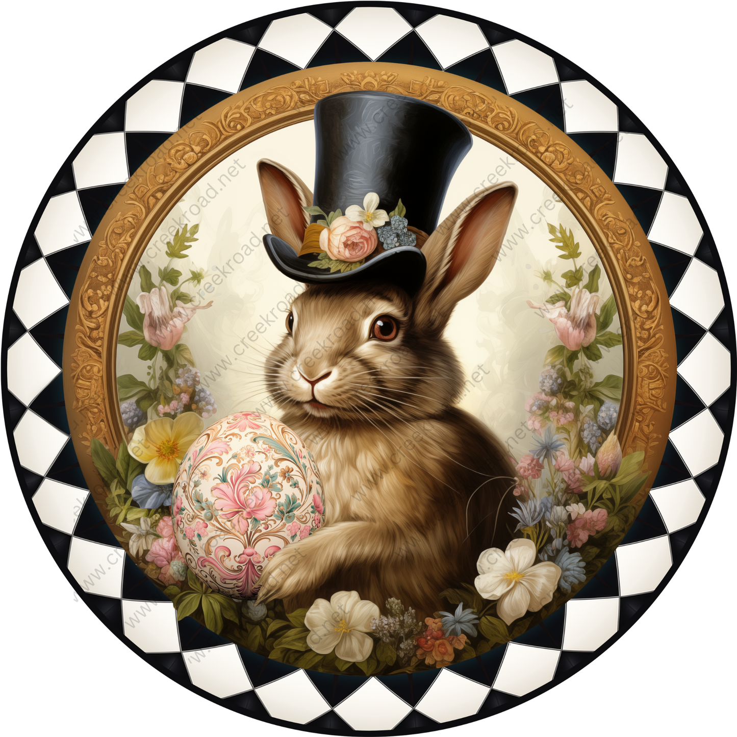 A brown rabbit wearing a top hat and holding a decorated Easter egg, surrounded by a floral arrangement, all set against a black and white checkered background.