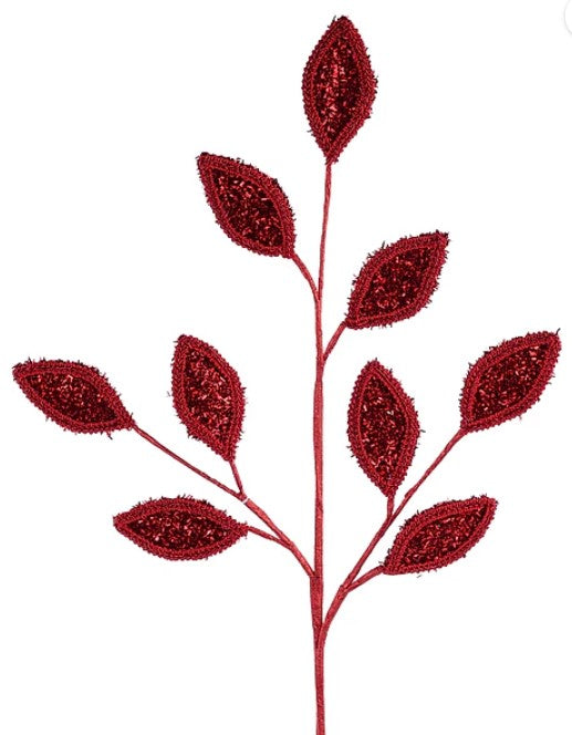 A red glittery leaf-shaped ornament with six individual leaves attached to a thin stem.