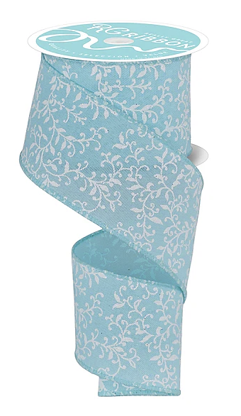 A turquoise floral patterned ribbon is shown, with a white floral pattern on the top of the ribbon.