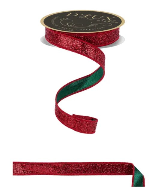 A red glittery ribbon with green trim, and a black circular label with gold lettering that reads "DELUX".