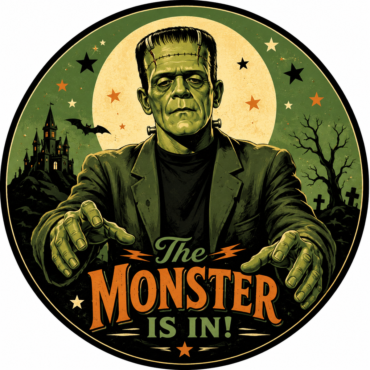a large illustration of the iconic monster Frankenstein, with the text "The Monster is in!" prominently displayed.