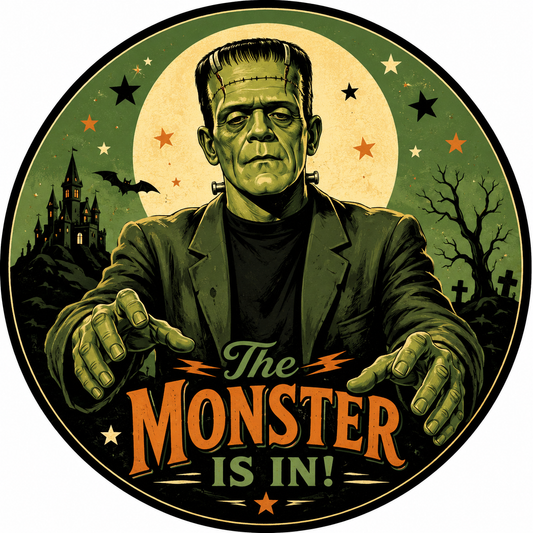 a large illustration of the iconic monster Frankenstein, with the text "The Monster is in!" prominently displayed.