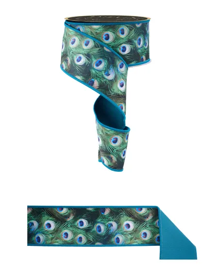 a decorative ribbon with a pattern of peacock feathers, including blue and green colors.