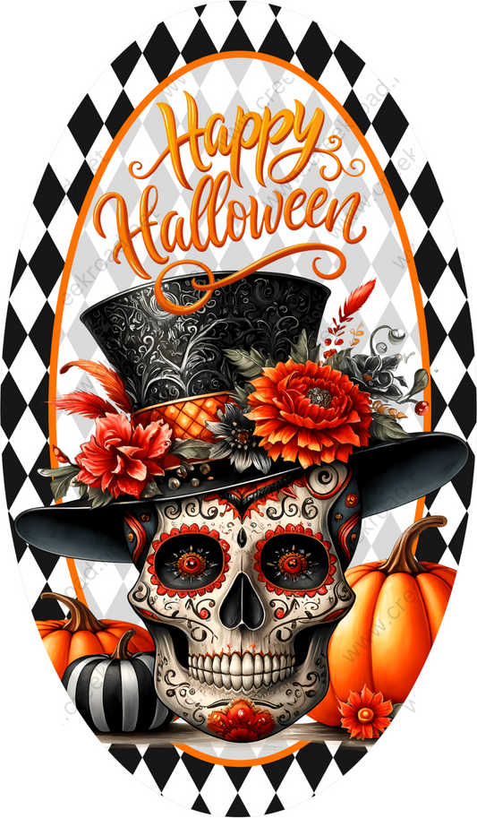 a skull wearing a top hat with flowers on it