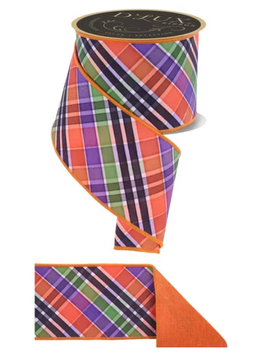 a plaid ribbon with a vibrant mix of orange, purple, green, and black colors. The ribbon is coiled and appears to be a decorative item, possibly used for wrapping gifts or adding a festive touch to various occasions.